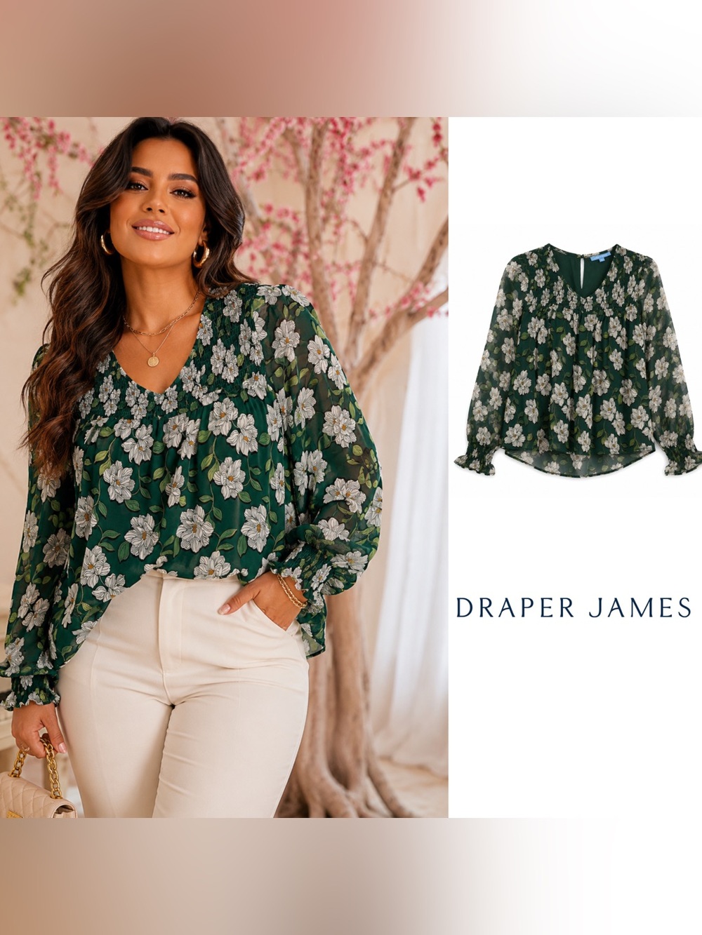 NEW Draper James Emerald Green Floral Peasant Blouse